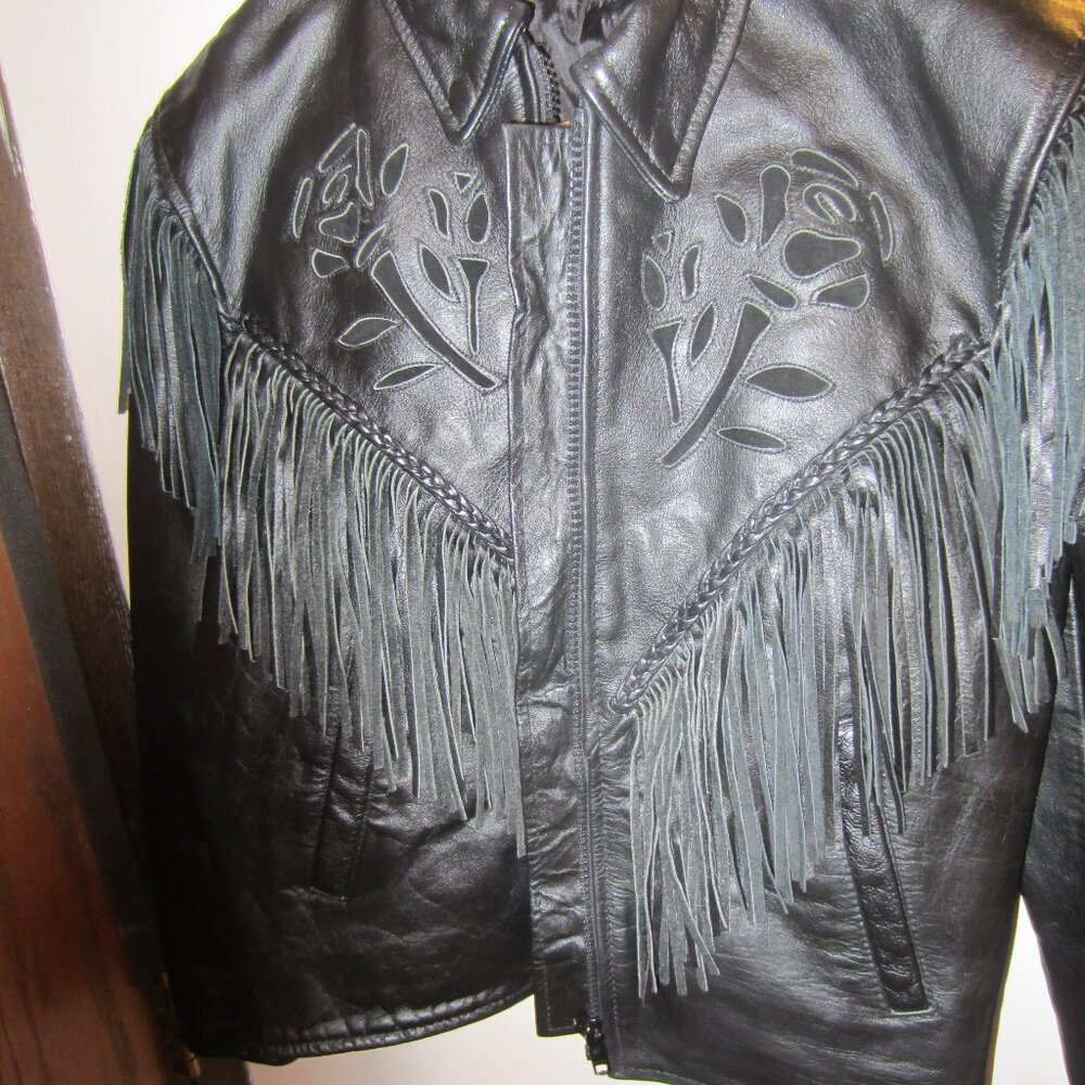 WOMEN'S -VTG/VT BLACK FRINGED LG TO EX-LG/LEATHER HEAVY BIKER MOTORCYCLE JACKET